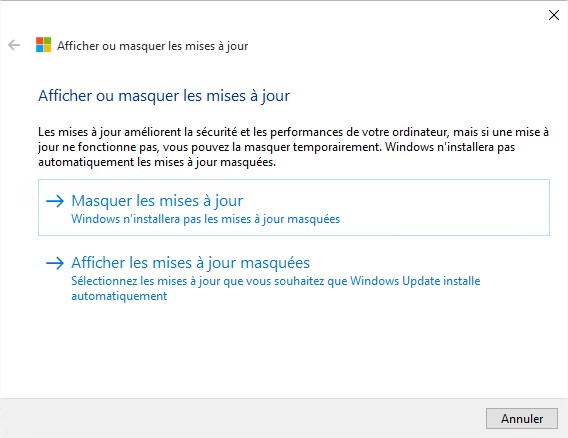 Windows10 - utilitaire masquer les mises à jour