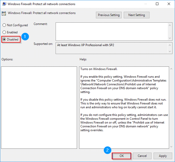 How do you turn off Firewall is disabled notifications on Windows 10 GPO?